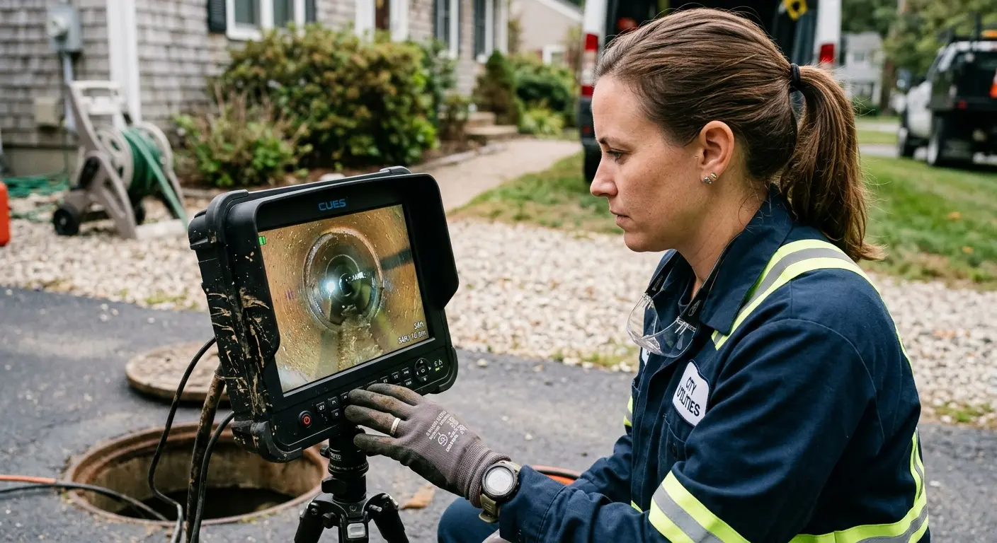 Technician reviewing sewer camera inspection footage in Marengo