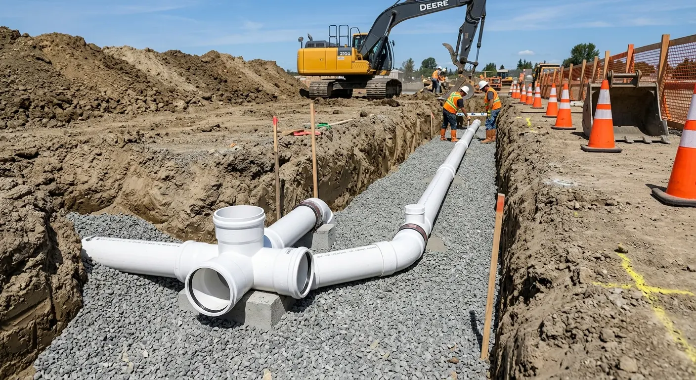 New PVC sewer pipe installation in open trench for Sewer Backup in Marengo