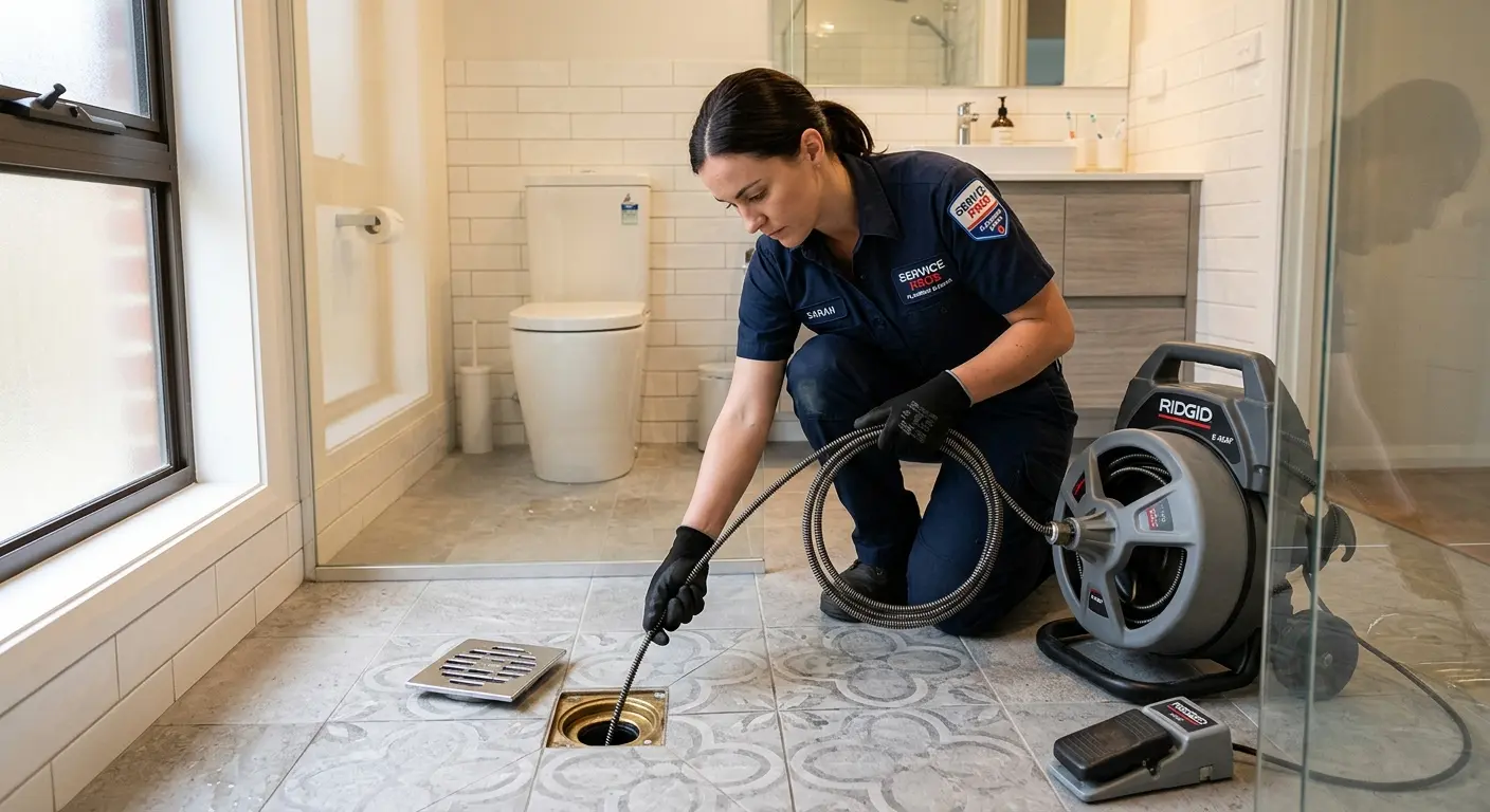 Technician clearing a bathroom floor drain for Drain Cleaning in Marengo